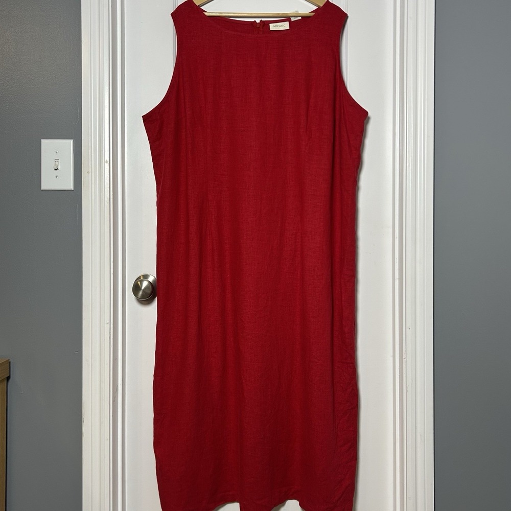 Mosaic Plus Petite Vintage 90s Linen Blend Red Sleeveless Midi Shift Dress